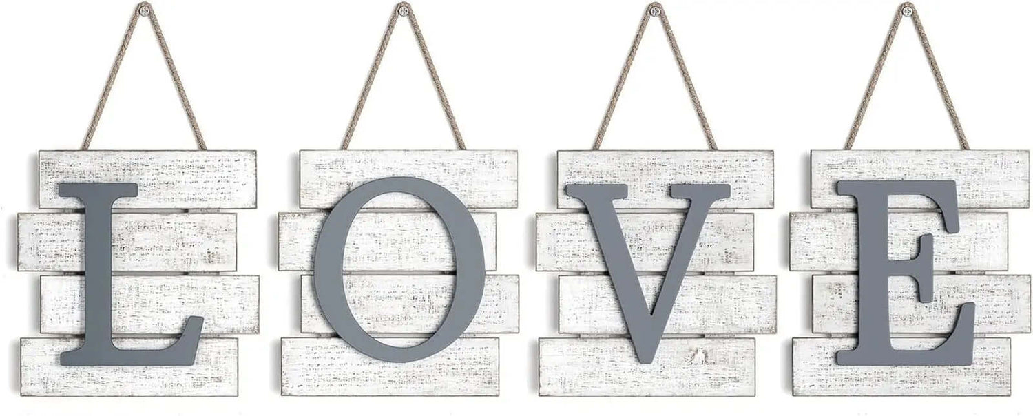Distressed Rustic Farmhouse "Love" Wall Tile Sign - 32" x 8" Wood Decor for Home and Kitchen (White)-Allen Cozy Haven Store