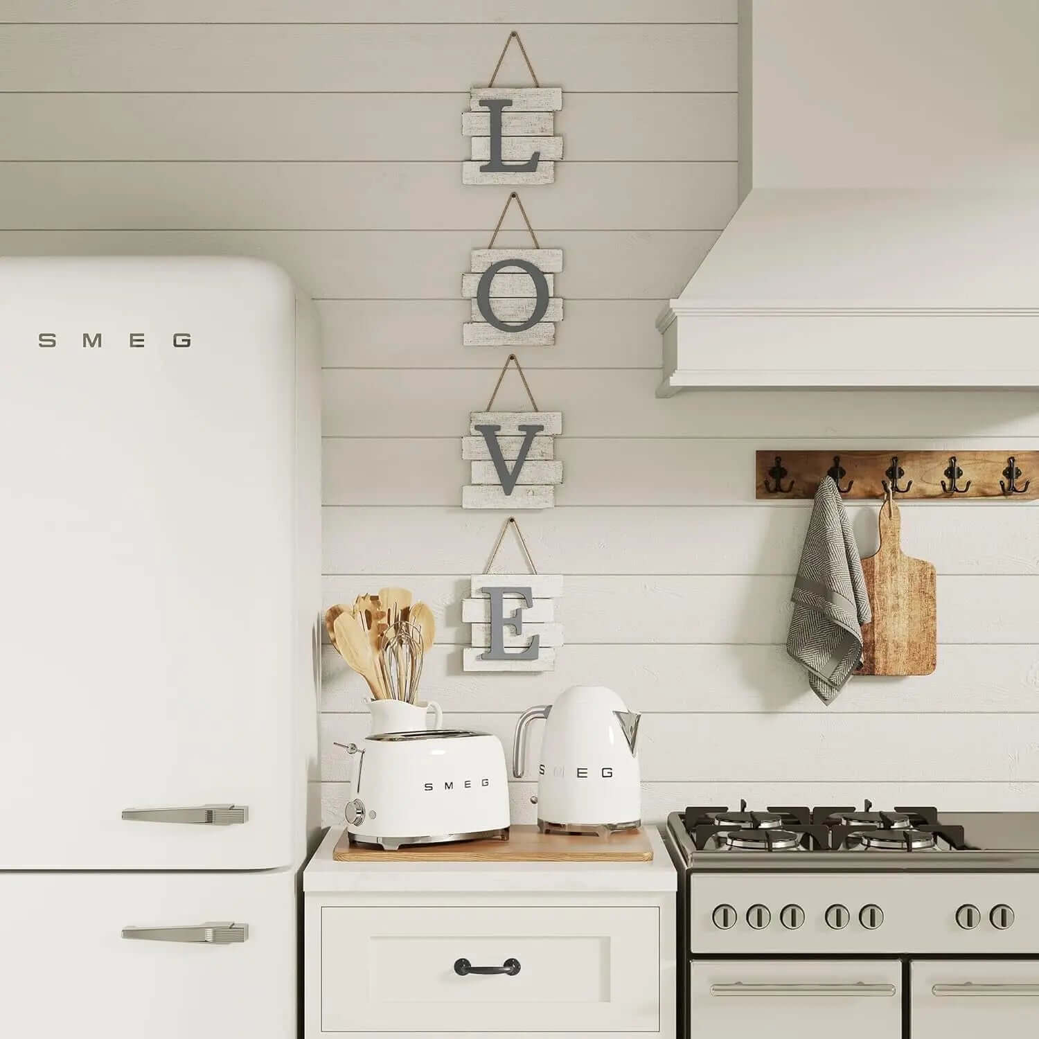 Distressed Rustic Farmhouse "Love" Wall Tile Sign - 32" x 8" Wood Decor for Home and Kitchen (White)-Allen Cozy Haven Store