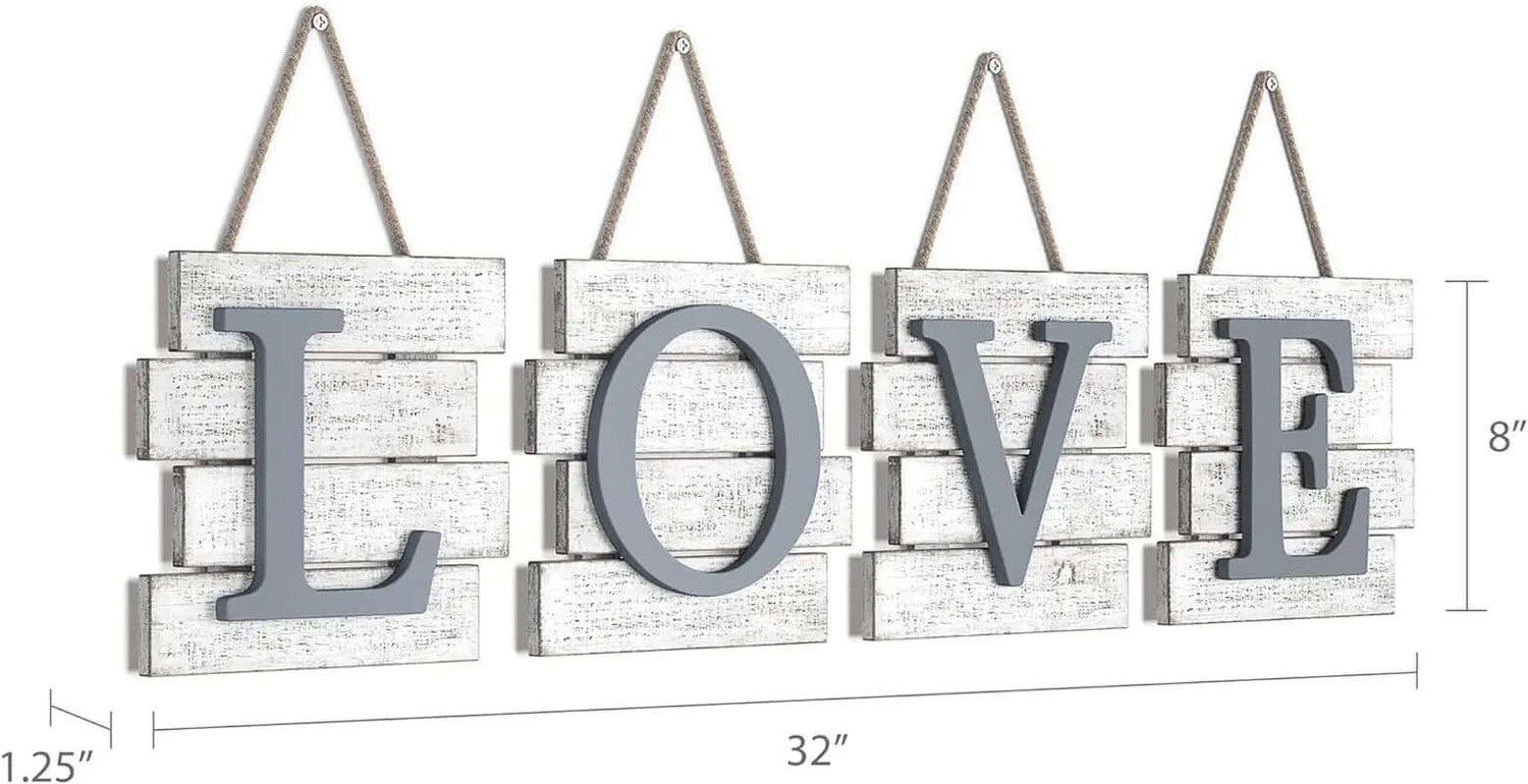 Distressed Rustic Farmhouse "Love" Wall Tile Sign - 32" x 8" Wood Decor for Home and Kitchen (White)-Allen Cozy Haven Store