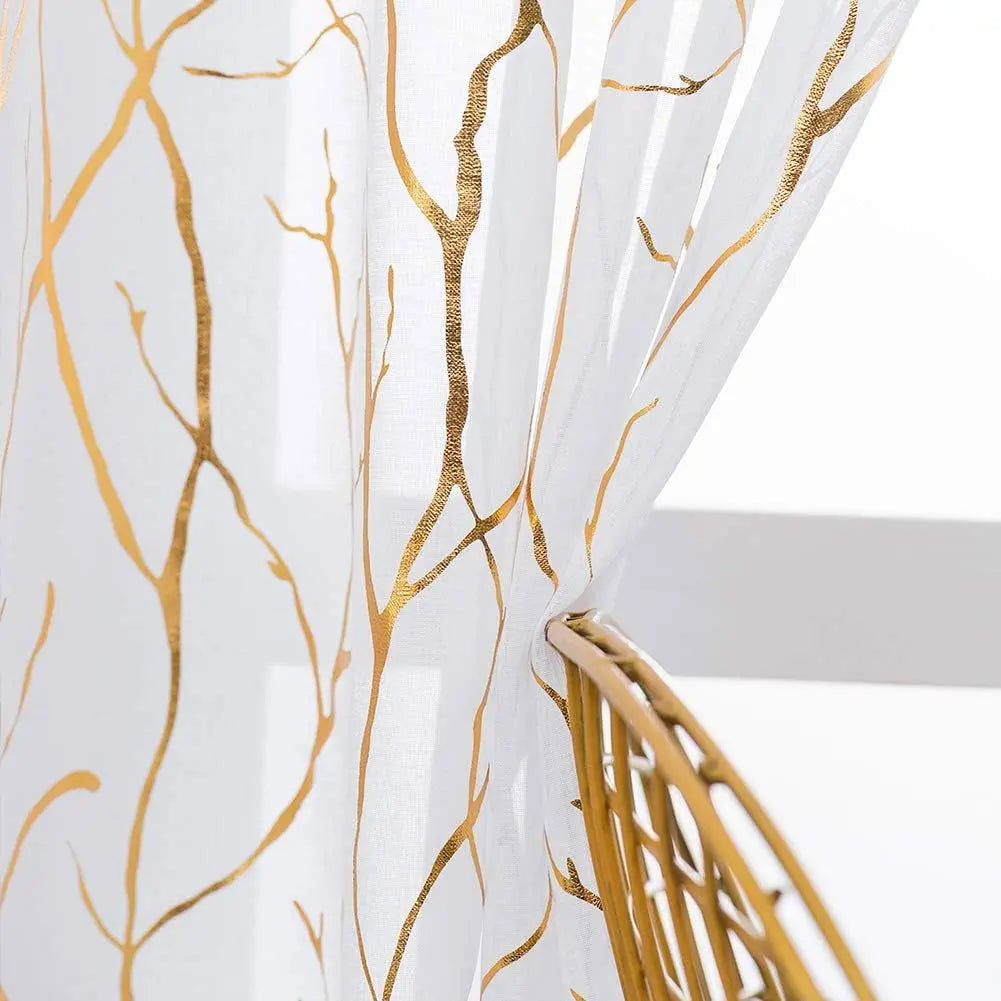 Elegant Tree Branch Sheer Curtains for Bedroom - Metallic Gold and White Grommet Window Treatment Set, 63 Inch Length, 2 Panels (52 x 63 Inch)-Allen Cozy Haven Store