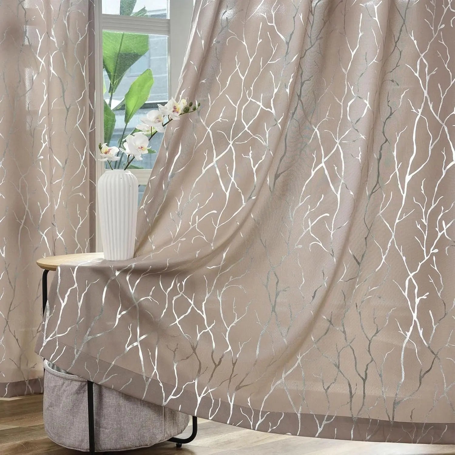 Elegant Tree Branch Sheer Curtains for Bedroom - Metallic Gold and White Grommet Window Treatment Set, 63 Inch Length, 2 Panels (52 x 63 Inch)-Allen Cozy Haven Store