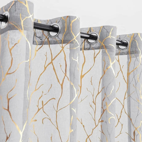 Elegant Tree Branch Sheer Curtains for Bedroom - Metallic Gold and White Grommet Window Treatment Set, 63 Inch Length, 2 Panels (52 x 63 Inch)-Allen Cozy Haven Store