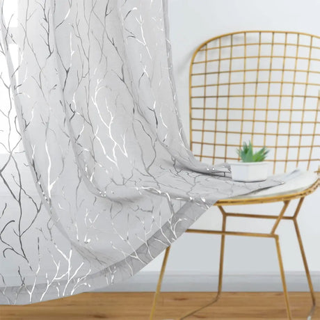 Elegant Tree Branch Sheer Curtains for Bedroom - Metallic Gold and White Grommet Window Treatment Set, 63 Inch Length, 2 Panels (52 x 63 Inch)-Allen Cozy Haven Store