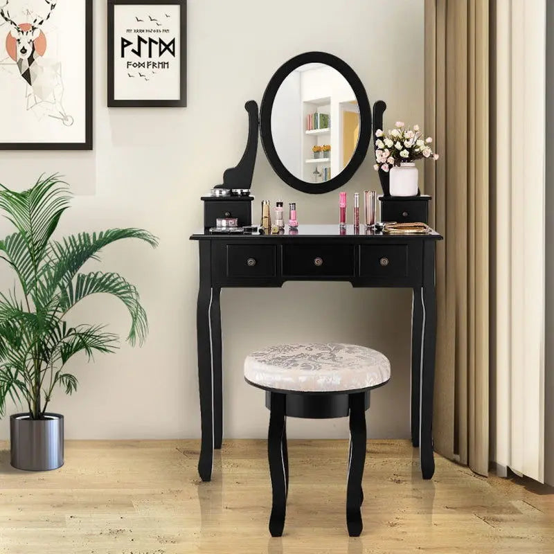 Elegant Vanity Makeup Table Set with Padded Stool and Storage Drawers for Bedroom Furniture-Allen Cozy Haven Store