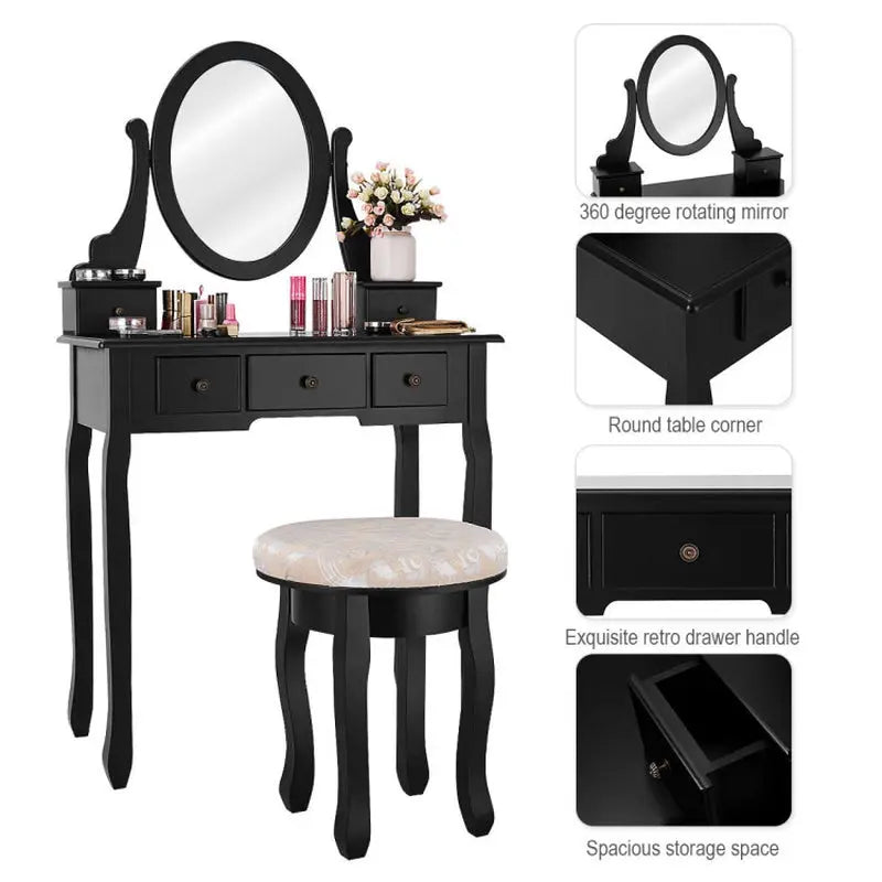 Elegant Vanity Makeup Table Set with Padded Stool and Storage Drawers for Bedroom Furniture-Allen Cozy Haven Store