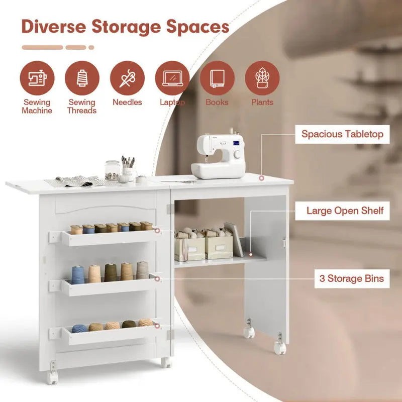 Folding Sewing Craft Table Shelf Storage Cabinet Home Furniture-Allen Cozy Haven Store