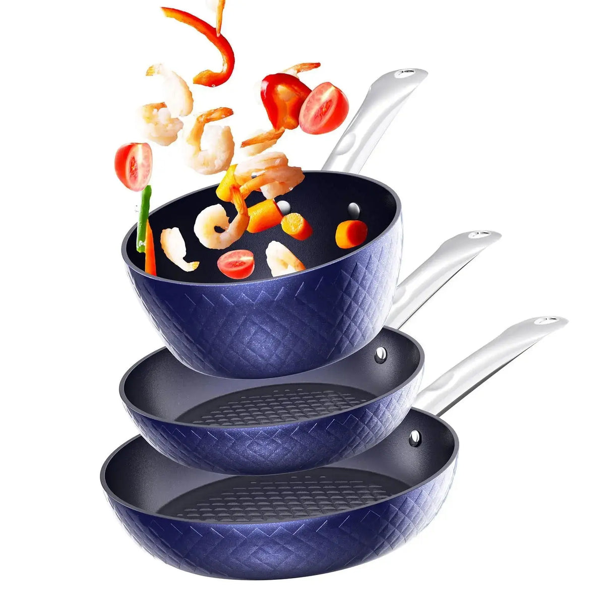 Frying Pan Sets Non Stick 3Pieces Blue 3D Diamond Cookware-Allen Cozy Haven Store