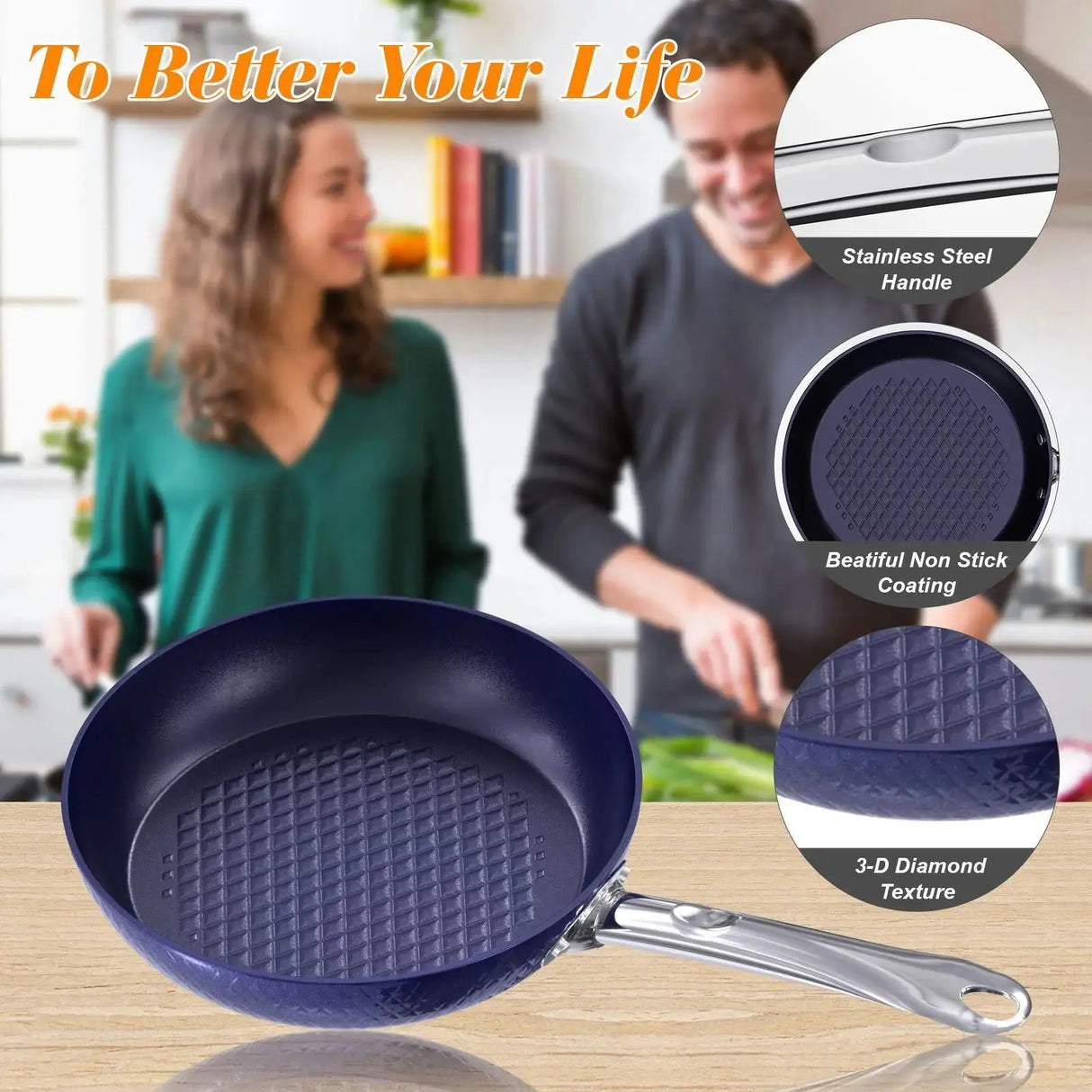 Frying Pan Sets Non Stick 3Pieces Blue 3D Diamond Cookware-Allen Cozy Haven Store