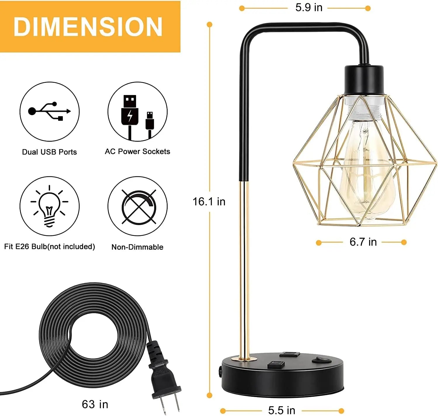 Industrial USB Desk Lamp, Edison Desk Lamp Gold Metal Cage Table Lamp with 2 USB Ports and 1 AC Outlet-Allen Cozy Haven Store