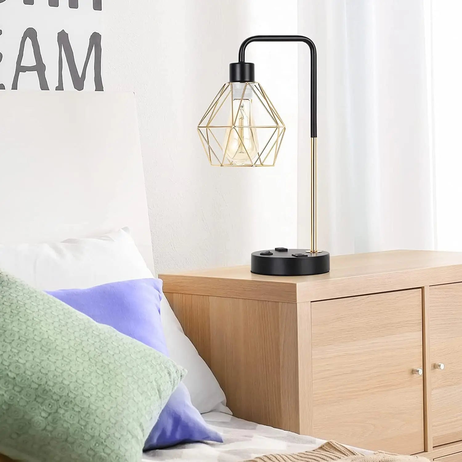 Industrial USB Desk Lamp, Edison Desk Lamp Gold Metal Cage Table Lamp with 2 USB Ports and 1 AC Outlet-Allen Cozy Haven Store