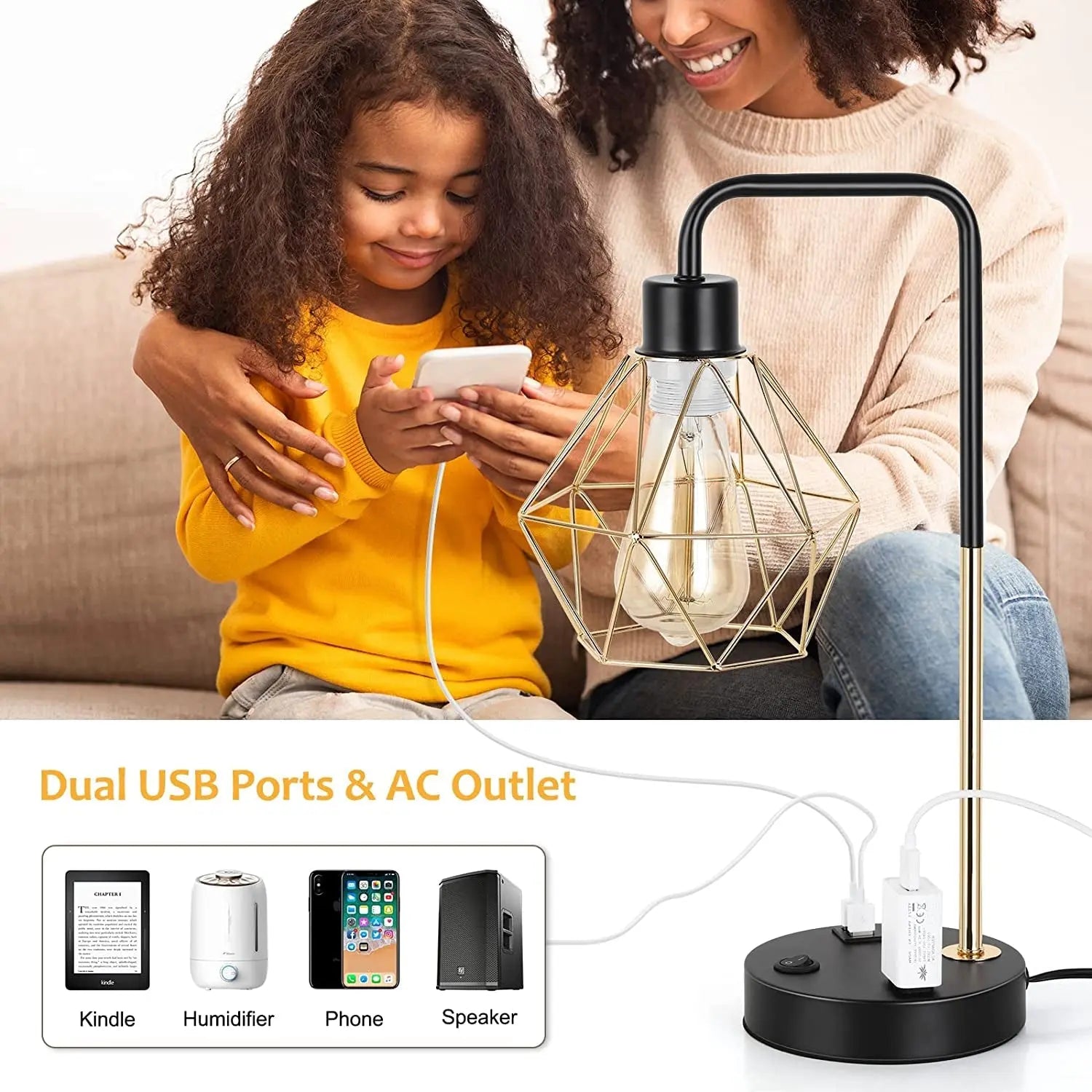 Industrial USB Desk Lamp, Edison Desk Lamp Gold Metal Cage Table Lamp with 2 USB Ports and 1 AC Outlet-Allen Cozy Haven Store