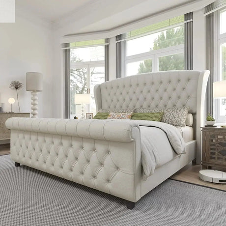 King Size Platform Bed Frame, Chenille Upholstered Sleigh Bed with Scroll Wingback Headboard & Footboard/Button Tufted Cream Allen Cozy Haven Store
