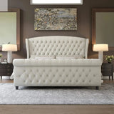 King Size Platform Bed Frame, Chenille Upholstered Sleigh Bed with Scroll Wingback Headboard & Footboard/Button Tufted Cream Allen Cozy Haven Store