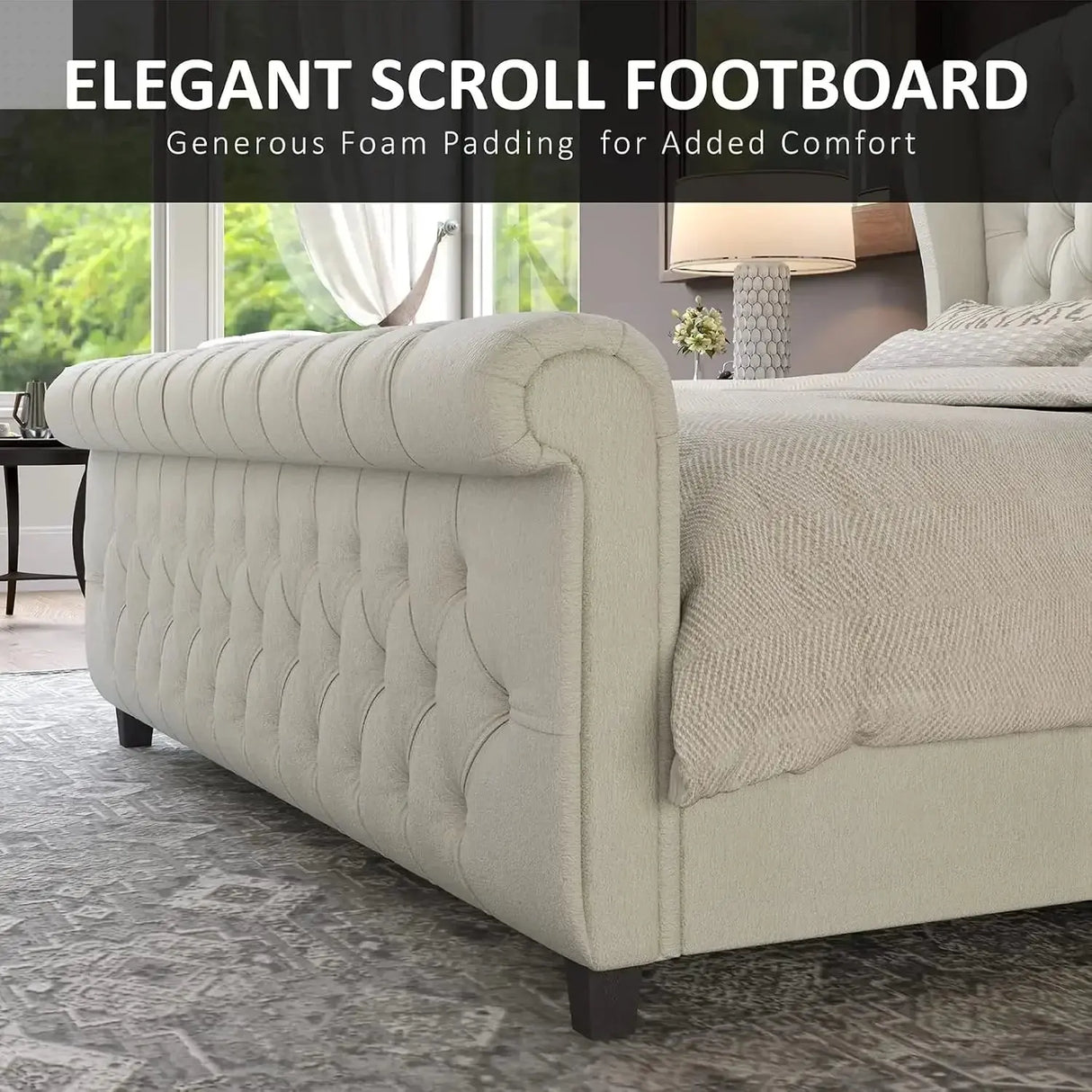 King Size Platform Bed Frame, Chenille Upholstered Sleigh Bed with Scroll Wingback Headboard & Footboard/Button Tufted Cream Allen Cozy Haven Store