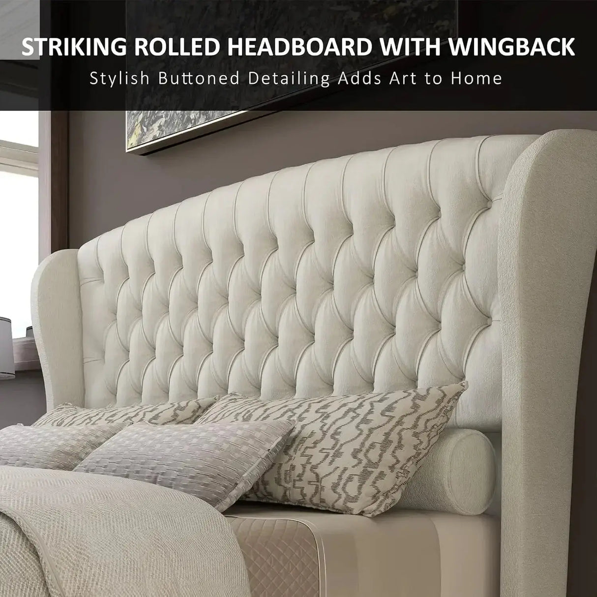 King Size Platform Bed Frame, Chenille Upholstered Sleigh Bed with Scroll Wingback Headboard & Footboard/Button Tufted Cream Allen Cozy Haven Store