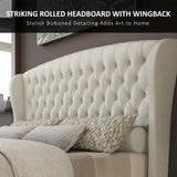 King Size Platform Bed Frame, Chenille Upholstered Sleigh Bed with Scroll Wingback Headboard & Footboard/Button Tufted Cream Allen Cozy Haven Store