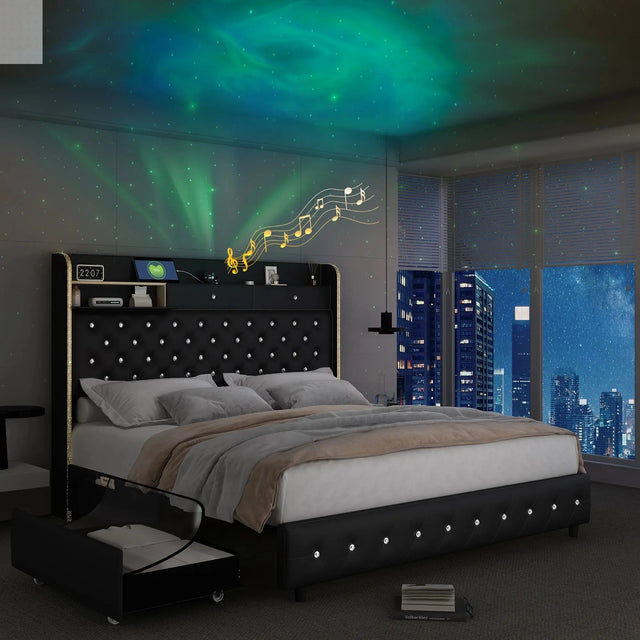 LED Bed Frame with Galaxy Star Projector, 2 Drawers, 52" PU Headboard with Charging Station, Noise Free, No Box Spring Allen Cozy Haven Store