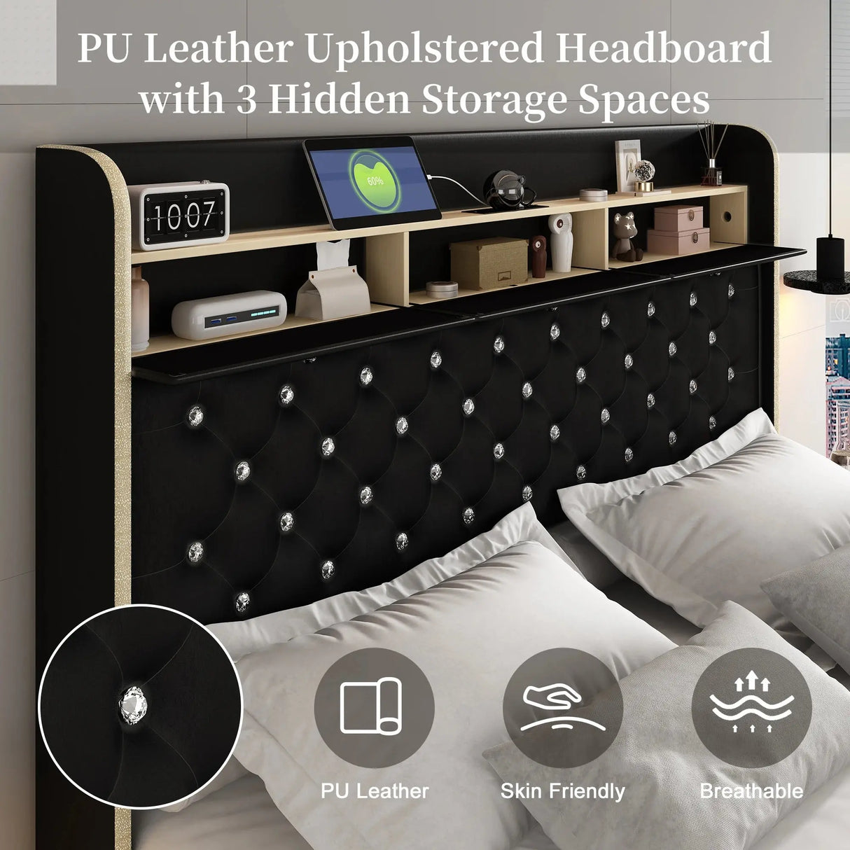 LED Bed Frame with Galaxy Star Projector, 2 Drawers, 52" PU Headboard with Charging Station, Noise Free, No Box Spring Allen Cozy Haven Store