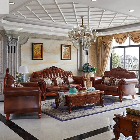 Leather Brown Living Room Sofa Set Luxury European Design Modern Style Sofa Full Set Nordic 3 Seater Canape Salon Home Furniture Allen Cozy Haven Store