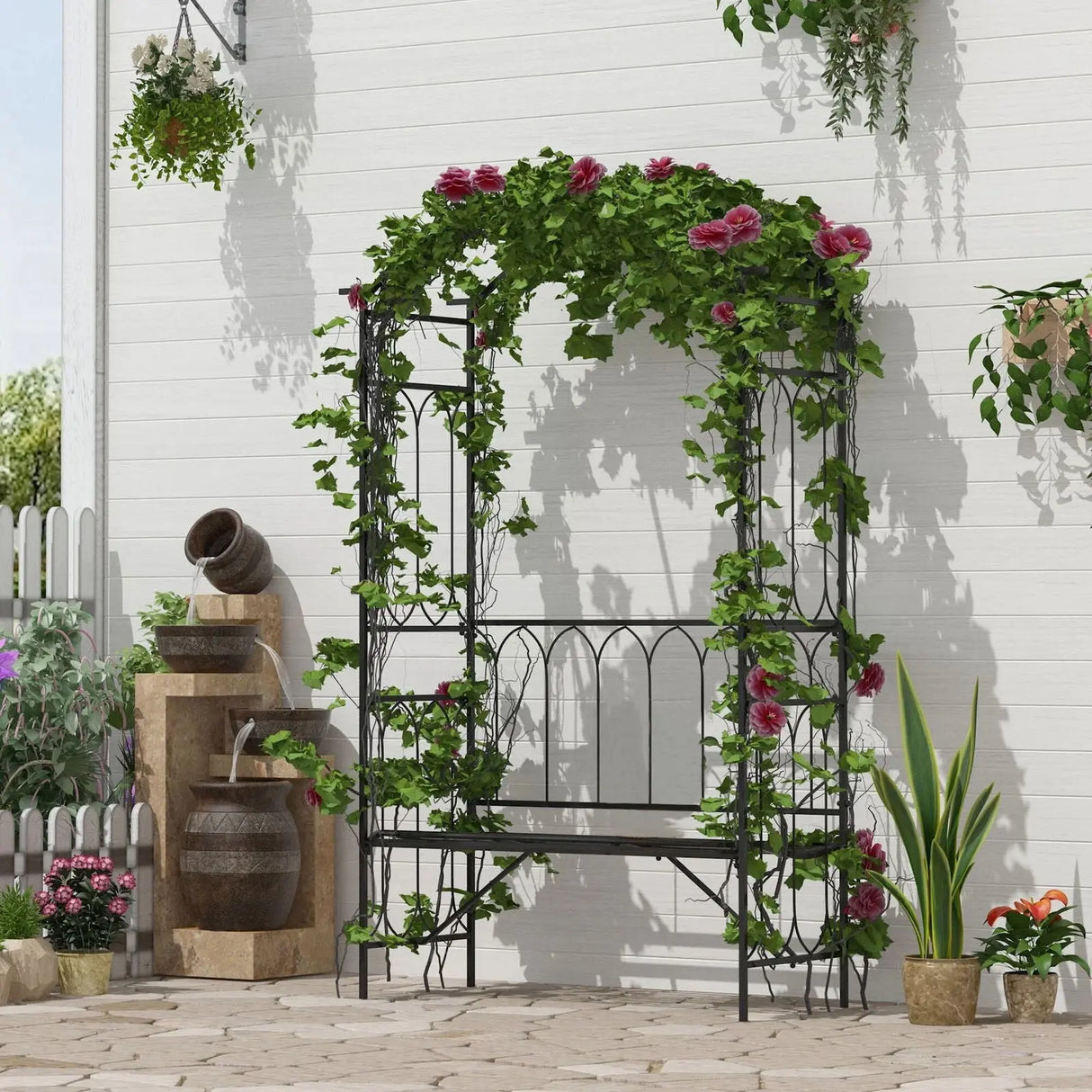 "Metal Trellis Arbor Arch with Garden Bench for Climbing Plants - Outdoor Steel Seating for Two, 484 lbs Weight Capacity, Black"-Allen Cozy Haven Store