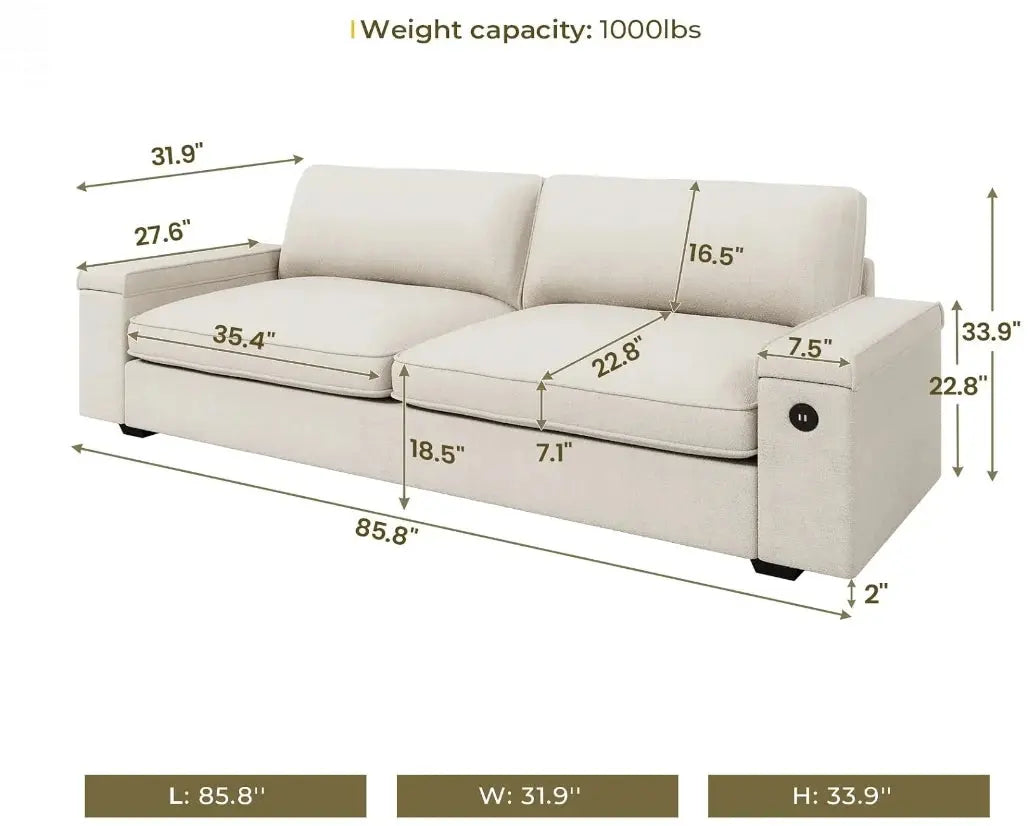 Modern Sofas Couches for Living Room, Comfy Couch with Extra Deep Seats, Oversized Loveseat Sofa with Storage and 2 USB Chargin Allen Cozy Haven Store