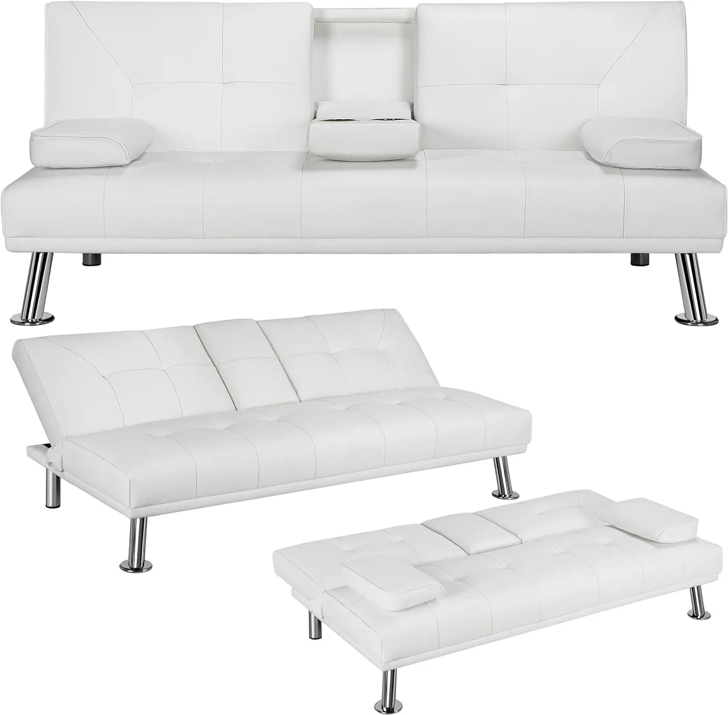 Modern Sofa Bed Faux Leather Sofa Convertible Folding Futon Couch with Armrest Home Recliner Home Furniture for Living Room White-Allen Cozy Haven Store