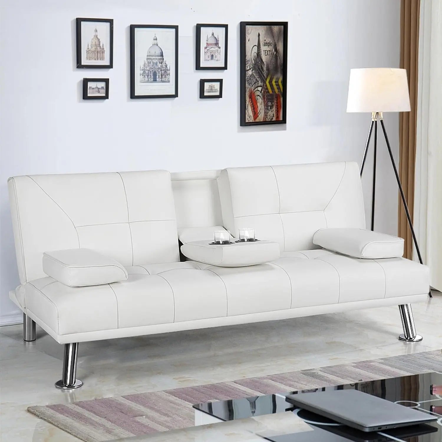 Modern Sofa Bed Faux Leather Sofa Convertible Folding Futon Couch with Armrest Home Recliner Home Furniture for Living Room White-Allen Cozy Haven Store