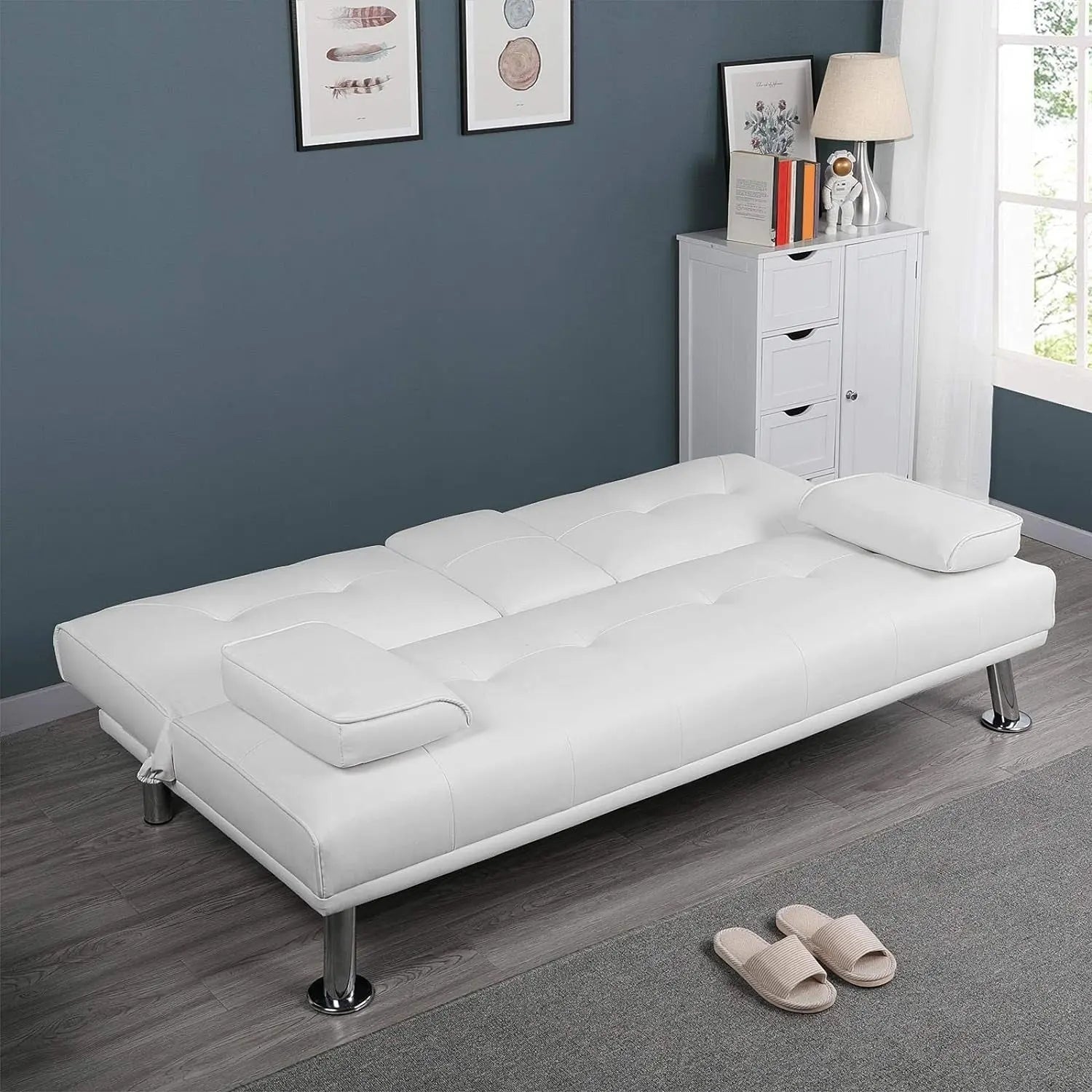 Modern Sofa Bed Faux Leather Sofa Convertible Folding Futon Couch with Armrest Home Recliner Home Furniture for Living Room White-Allen Cozy Haven Store