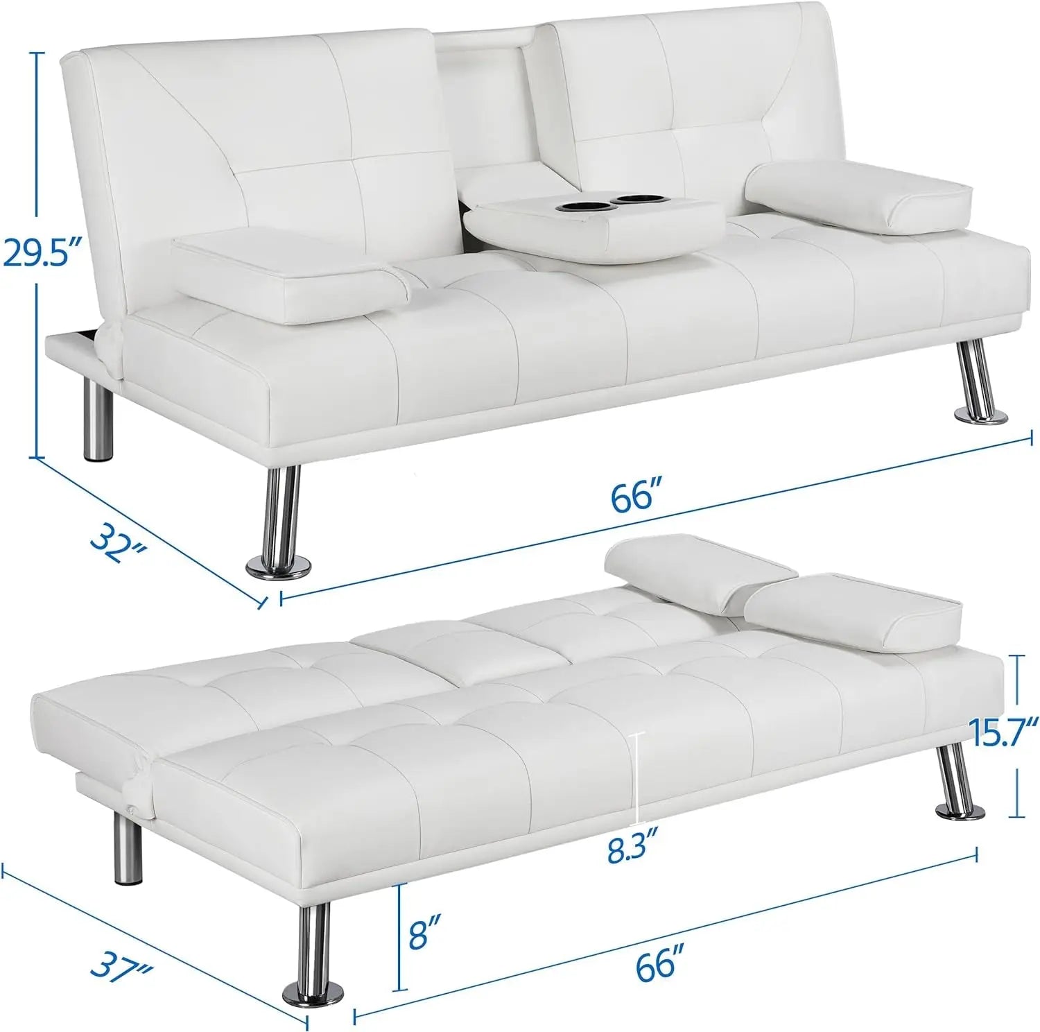 Modern Sofa Bed Faux Leather Sofa Convertible Folding Futon Couch with Armrest Home Recliner Home Furniture for Living Room White-Allen Cozy Haven Store
