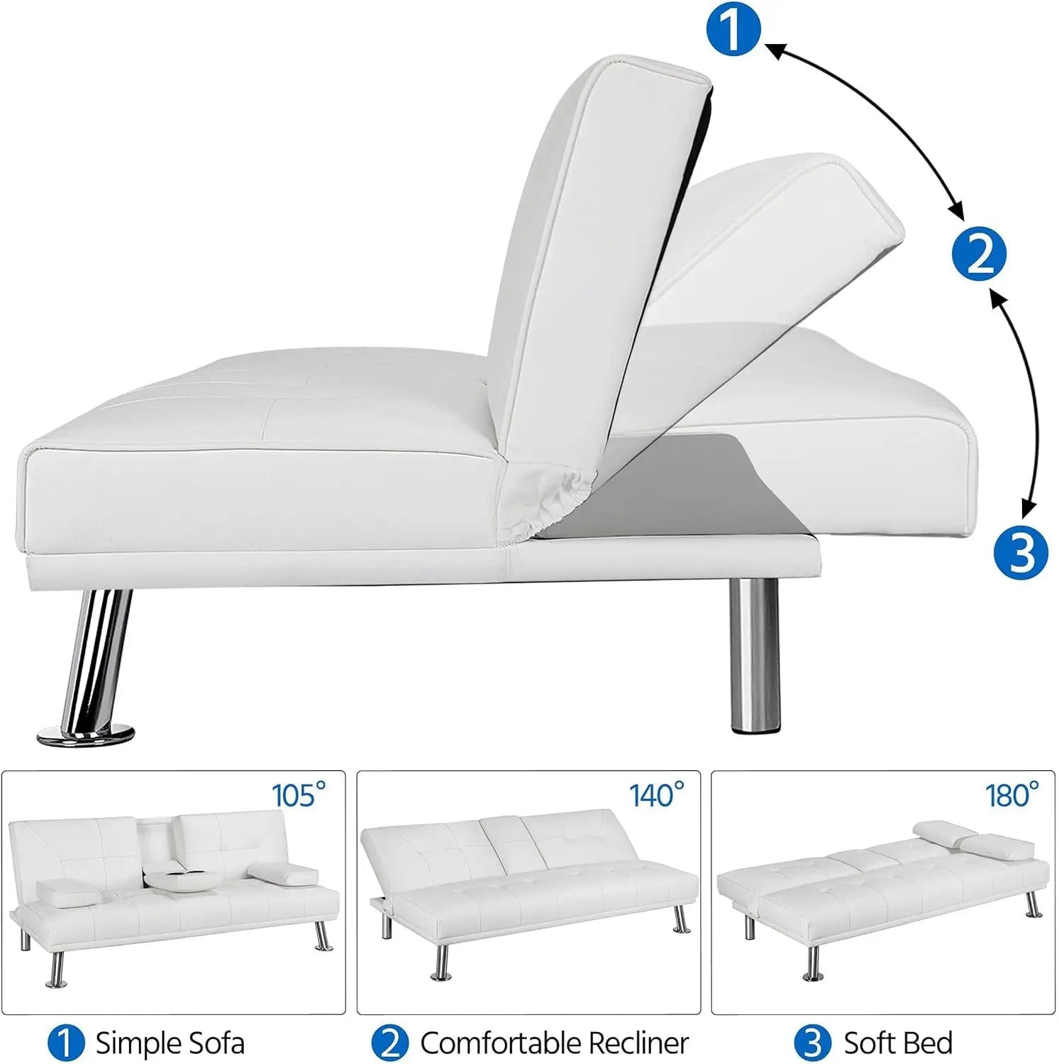 Modern Sofa Bed Faux Leather Sofa Convertible Folding Futon Couch with Armrest Home Recliner Home Furniture for Living Room White-Allen Cozy Haven Store
