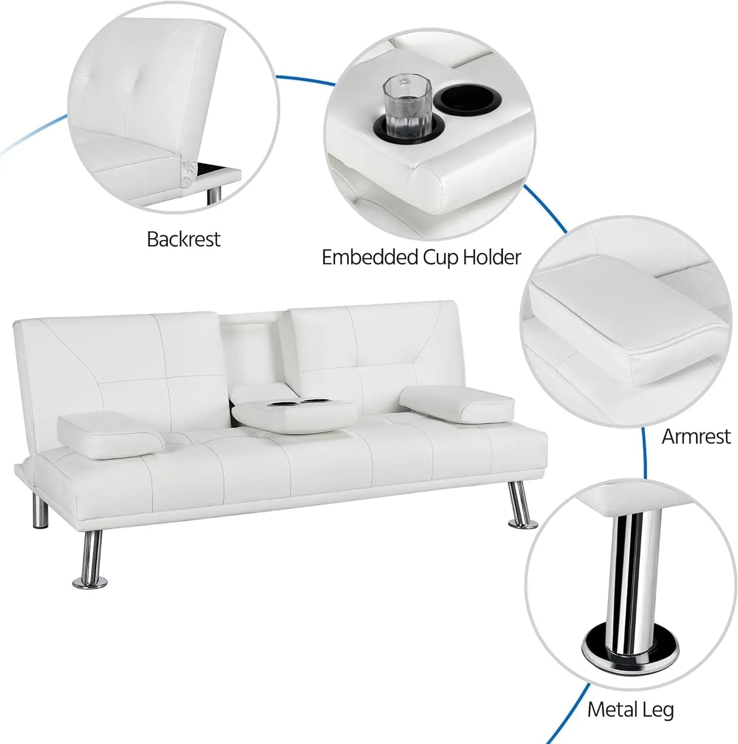 Modern Sofa Bed Faux Leather Sofa Convertible Folding Futon Couch with Armrest Home Recliner Home Furniture for Living Room White-Allen Cozy Haven Store