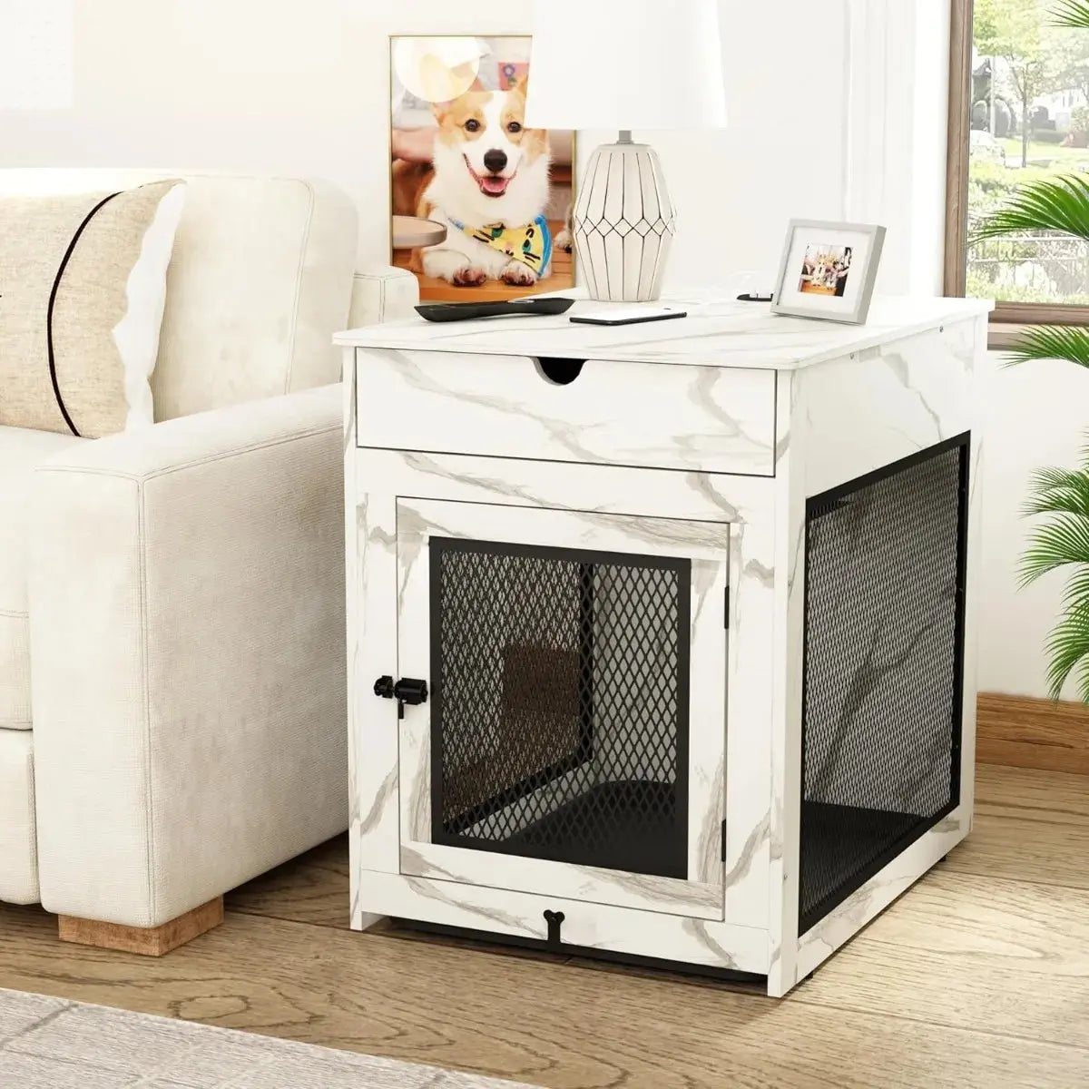 Multi-Functional Dog Crate Furniture with Wireless Charging, Dual USB, Drawer & Cushion Allen Cozy Haven Store