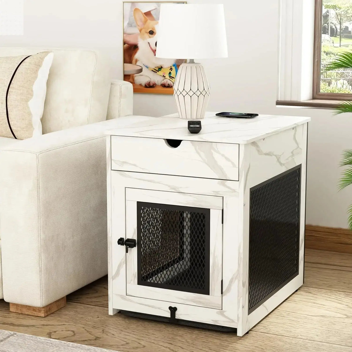 Multi-Functional Dog Crate Furniture with Wireless Charging, Dual USB, Drawer & Cushion Allen Cozy Haven Store