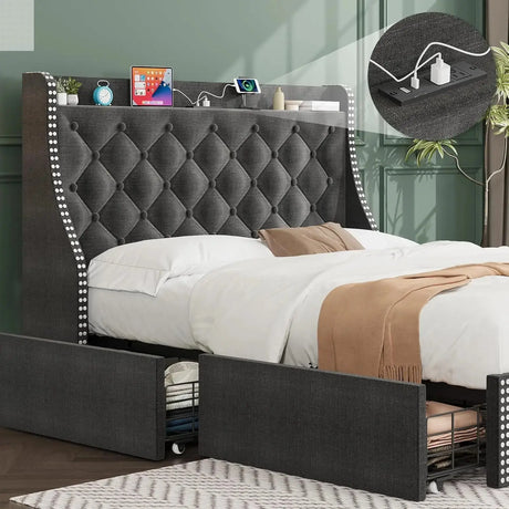 Queen Bed Frame with Storage Drawers & Charging Hub Allen Cozy Haven Store