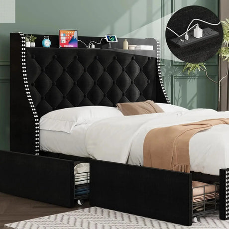 Queen Bed Frame with Storage Drawers & Charging Hub Allen Cozy Haven Store