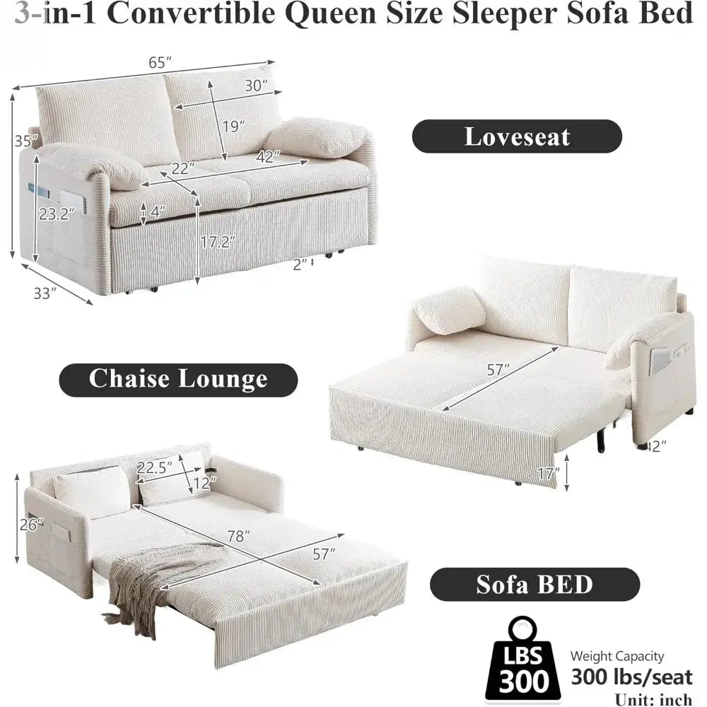 Queen Size Pull Out Couch Sleeper Sofa Bed, 3-in-1 Convertible Futon Couch for Living Room with Storage Pockets & Arm Pillows Allen Cozy Haven Store