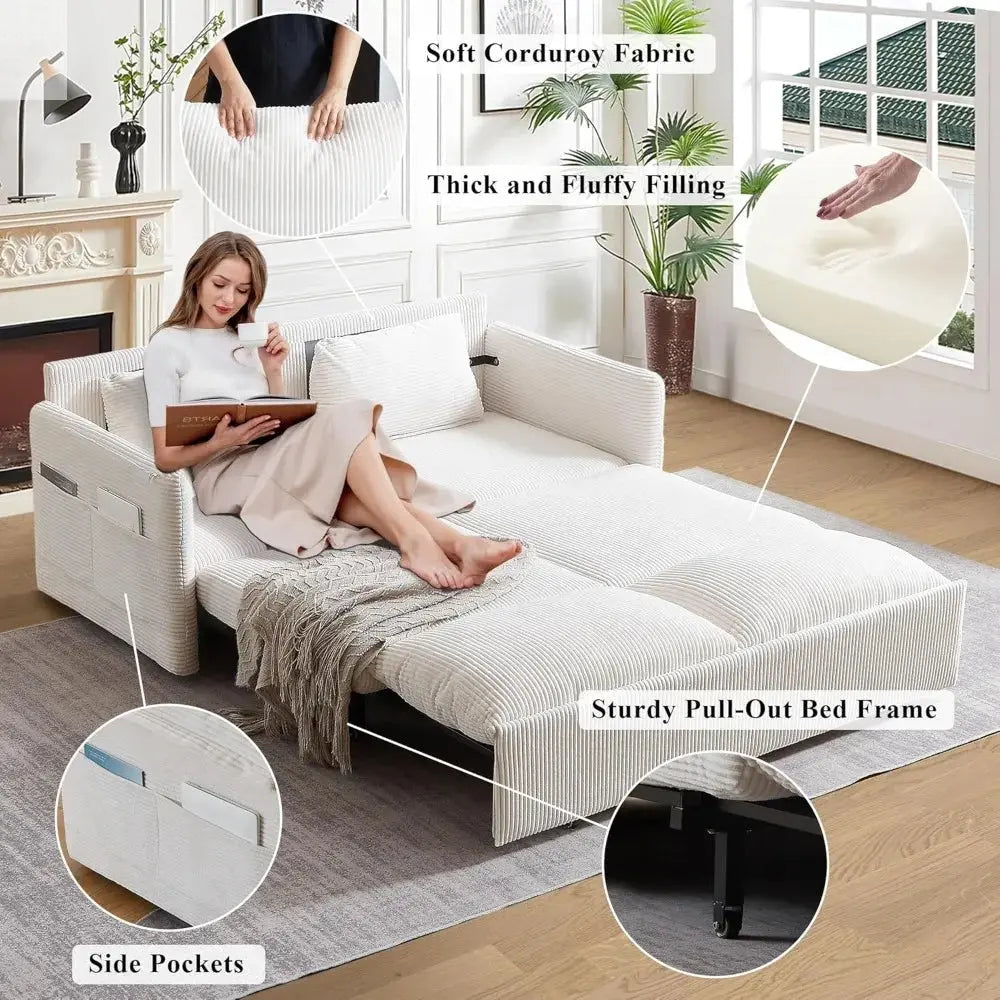 Queen Size Pull Out Couch Sleeper Sofa Bed, 3-in-1 Convertible Futon Couch for Living Room with Storage Pockets & Arm Pillows Allen Cozy Haven Store