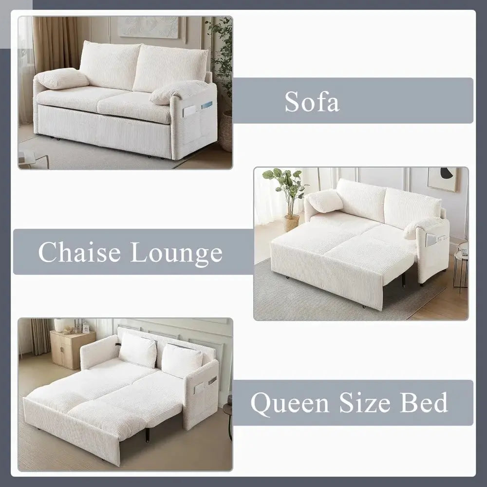 Queen Size Pull Out Couch Sleeper Sofa Bed, 3-in-1 Convertible Futon Couch for Living Room with Storage Pockets & Arm Pillows Allen Cozy Haven Store