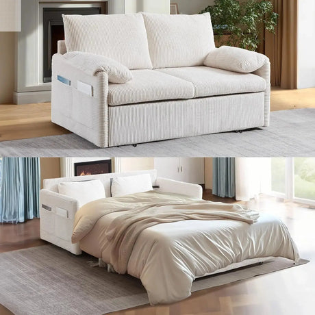 Queen Size Pull Out Couch Sleeper Sofa Bed, 3-in-1 Convertible Futon Couch for Living Room with Storage Pockets & Arm Pillows Allen Cozy Haven Store