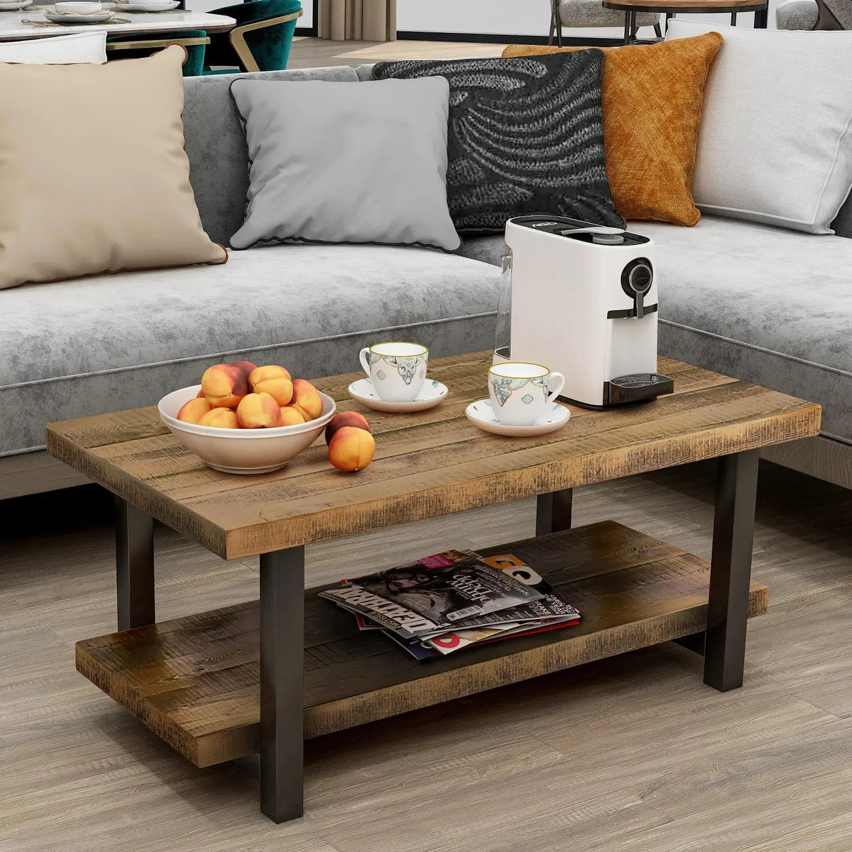 Rustic Natural Coffee Table with Storage Shelf - Square/Rectangular Design for Living Room, Easy Assembly-Allen Cozy Haven Store