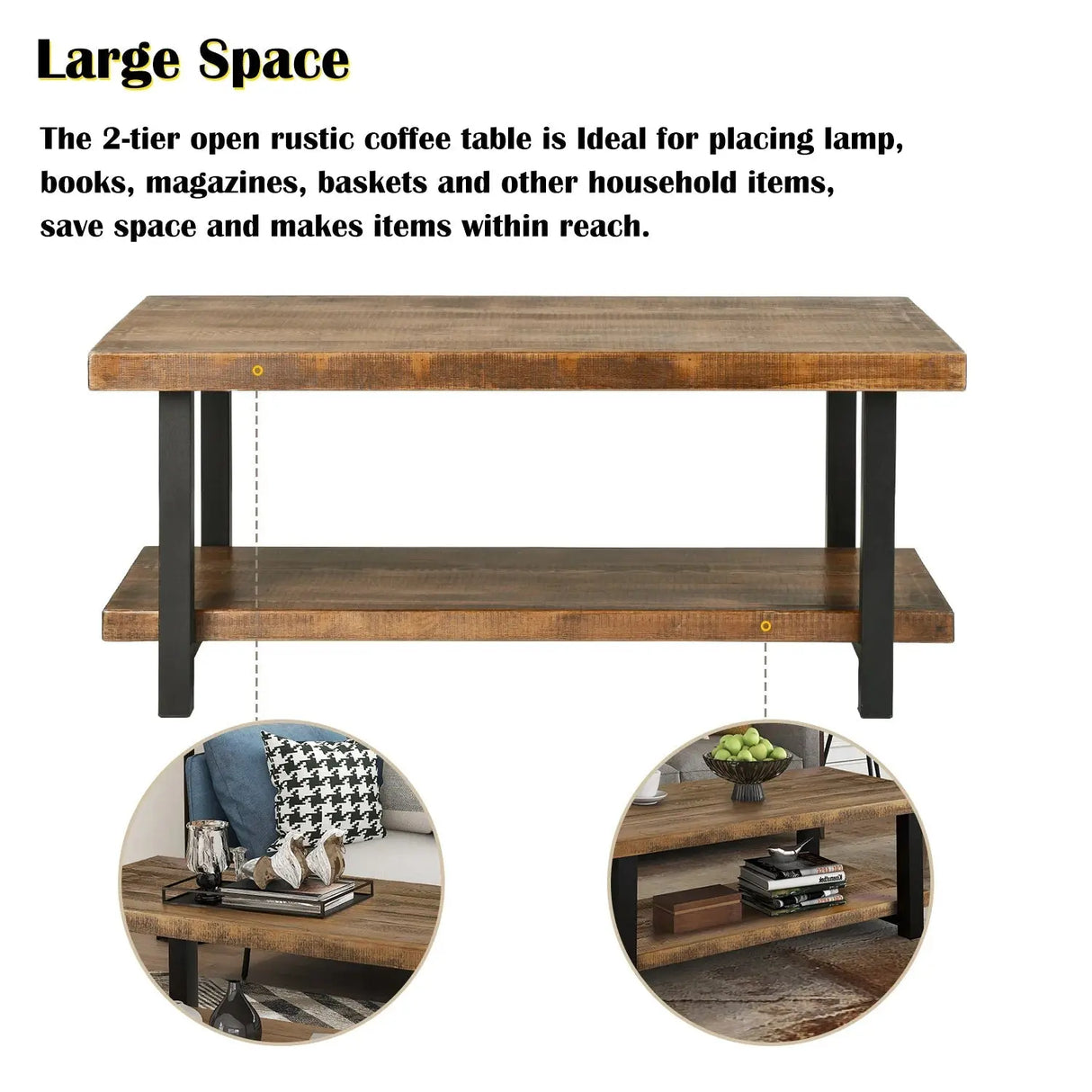 Rustic Natural Coffee Table with Storage Shelf - Square/Rectangular Design for Living Room, Easy Assembly-Allen Cozy Haven Store