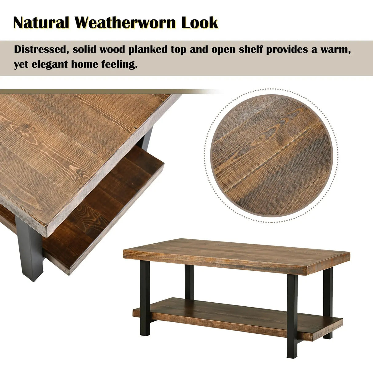 Rustic Natural Coffee Table with Storage Shelf - Square/Rectangular Design for Living Room, Easy Assembly-Allen Cozy Haven Store