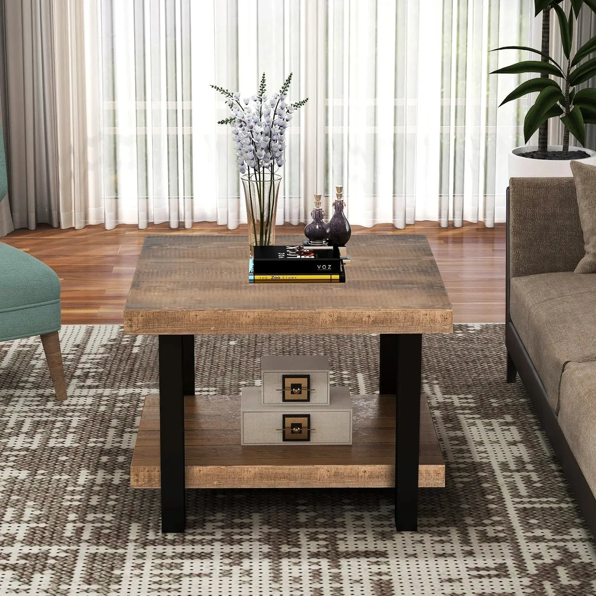 Rustic Natural Coffee Table with Storage Shelf - Square/Rectangular Design for Living Room, Easy Assembly-Allen Cozy Haven Store