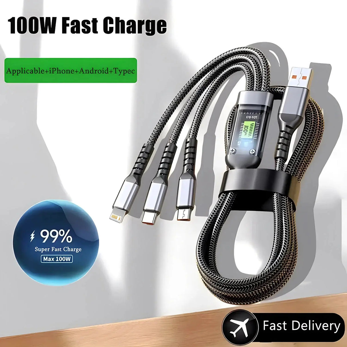 Transparent Luminous 3-in-1 Super Fast Charging Cable Compatible with iPhone 15/14/13, Type-C, and Micro USB-Allen Cozy Haven Store