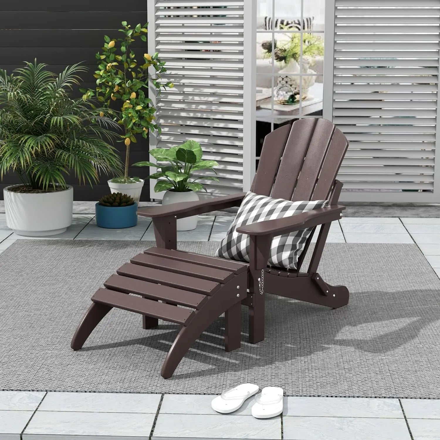 WO Home Furniture Adirondack Chair Outdoor Ottoman Set of 2 PCS Classic Patio Furniture (Dark Brown)-Allen Cozy Haven Store