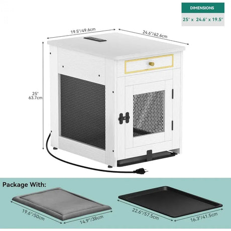 Wooden Dog Crate Furniture with Dual USB Ports, End Table for Small Dogs featuring Tray and Cushion Allen Cozy Haven Store